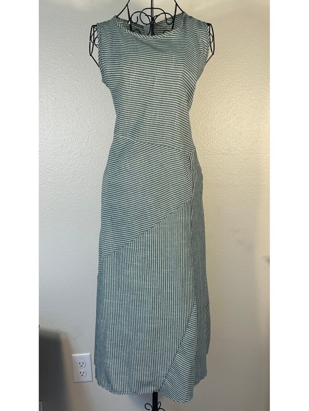 Green Midi Asymmetrical Stripe Sleeveless Dress